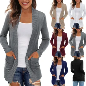 Cardigan en tricot pour femmes, manteau mi-long, manches longues, poches, col en V, pull solide, manteaux décontractés, coupe cintrée, point ouvert, Streetwear Cardigan en tricot pour femmes, manteau mi-long, manches longues, poches, col en V, pull solide, manteaux décontractés, coupe cintrée, point ouvert, Streetwear