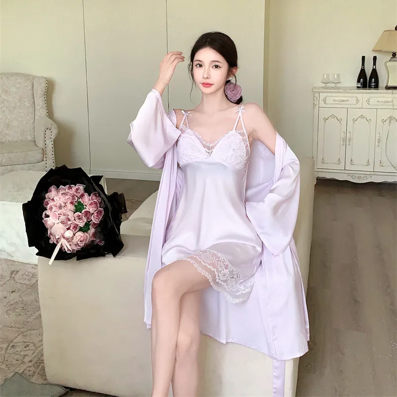 peignoir kimono de mariée pour femmes, ensemble de robe en satin et dentelle, vêtements de nuit décontractés, chemise de nuit à bretelles sexy peignoir kimono de mariée pour femmes, ensemble de robe en satin et dentelle, vêtements de nuit décontractés, chemise de nuit à bretelles sexy