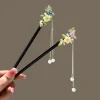 Épingles à cheveux à pampilles de style cour chinoise, baguettes en bois de fleur de magnolia exquise, accessoires hanfu anciens, épingles à cheveux florales