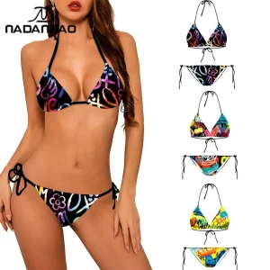 Nadanba-Maillot de bain deux pièces pour femmes, bikini sexy, dos nu, imprimé abstrait, à la mode, pour la plage Nadanba-Maillot de bain deux pièces pour femmes, bikini sexy, dos nu, imprimé abstrait, à la mode, pour la plage