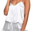ensemble pyjama sexy en satin de soie pour femme – haut caraco à col en v et short à volants, lingerie de mariée, parfait pour les vêtements de nuit