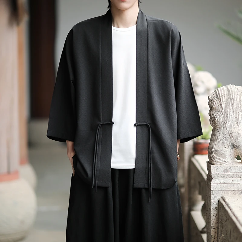 ensemble de tenue d'été de style chinois, respirant, couleur unie, manches 3/4, bouton de nœud, chemise kimono combo, coupe ample, vêtements de fusion asiatique 5xl ensemble de tenue d'été de style chinois, respirant, couleur unie, manches 3/4, bouton de nœud, chemise kimono combo, coupe ample, vêtements de fusion asiatique 5xl