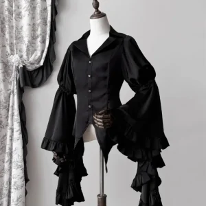 Chemisiers à col en V vintage pour femmes, chemises ajustées, manches évasées, volants noirs, Harajuku, Lolita, Y2K, automne, nouveau, 2025 Chemisiers à col en V vintage pour femmes, chemises ajustées, manches évasées, volants noirs, Harajuku, Lolita, Y2K, automne, nouveau, 2025