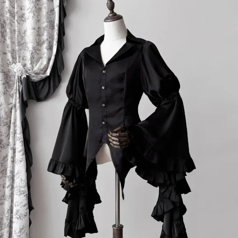 Chemisiers à col en V vintage pour femmes, chemises ajustées, manches évasées, volants noirs, Harajuku, Lolita, Y2K, automne, nouveau, 2025 Chemisiers à col en V vintage pour femmes, chemises ajustées, manches évasées, volants noirs, Harajuku, Lolita, Y2K, automne, nouveau, 2025