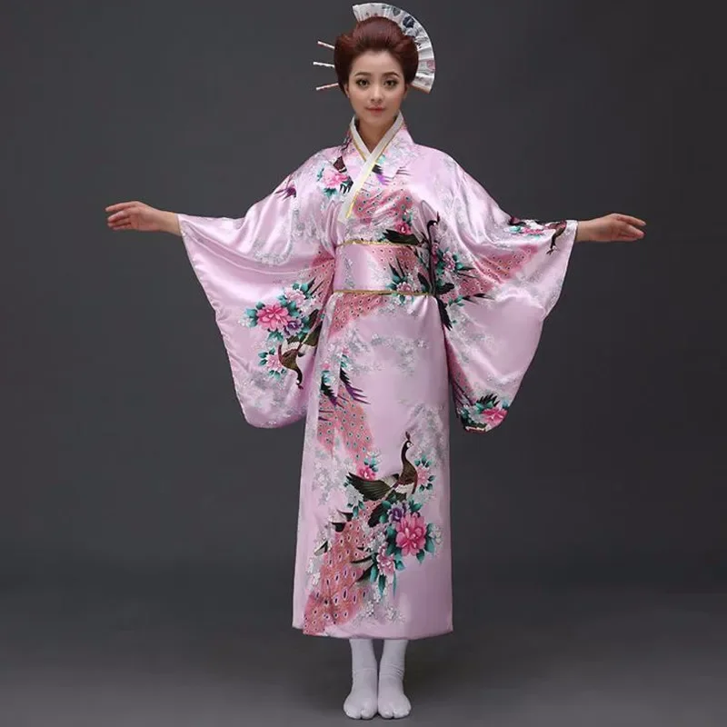 Kimono japonais paon noir pour femmes, en Satin de Polyester, robe de soirée Yukata, Kimono Haori avec Obi, taille unique Kimono japonais paon noir pour femmes, en Satin de Polyester, robe de soirée Yukata, Kimono Haori avec Obi, taille unique