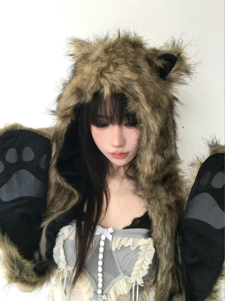 chapeau écharpe en fourrure japonais kawaii pour femme, garde au chaud, mode esthétique y2k, casquette vintage, oreilles d'ours, streetwear grunge, hiver chapeau écharpe en fourrure japonais kawaii pour femme, garde au chaud, mode esthétique y2k, casquette vintage, oreilles d'ours, streetwear grunge, hiver