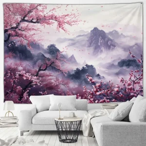 Tapisserie de paysage japonais rose sans fleurs, paysage asiatique de montagne, décor de maison, salon, chambre à coucher, mur, immersion