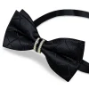 noeud papillon pré attaché noir uni avec demi anneau en diamant, ensemble de boutons de manchette carrés de poche à la mode, fête d'affaires, nœud papillon de luxe pour hommes