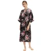 peignoir kimono à manches mi sulfpour femme, robe longue en satin imprimé floral, vêtements de nuit pour la maison