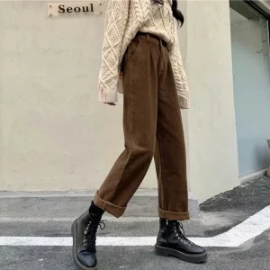 Pantalon Vintage en velours côtelé à jambes larges pour femmes, taille haute, poches, Baggy, Streetwear coréen, tout assorti, noir, pantalon droit décontracté