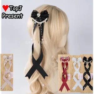 Gothique Harajuku Y2K fille Lolita japonais doux arc Double queue de cheval casque perle chaîne ruban épingle à cheveux bord pince pince à cheveux Gothique Harajuku Y2K fille Lolita japonais doux arc Double queue de cheval casque perle chaîne ruban épingle à cheveux bord pince pince à cheveux