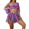 4 pièces taille haute bikini shorts 2025 femmes avec kimono vêtements de plage rayé imprimé maillot de bain sexy maillots de bain femme maillots de bain