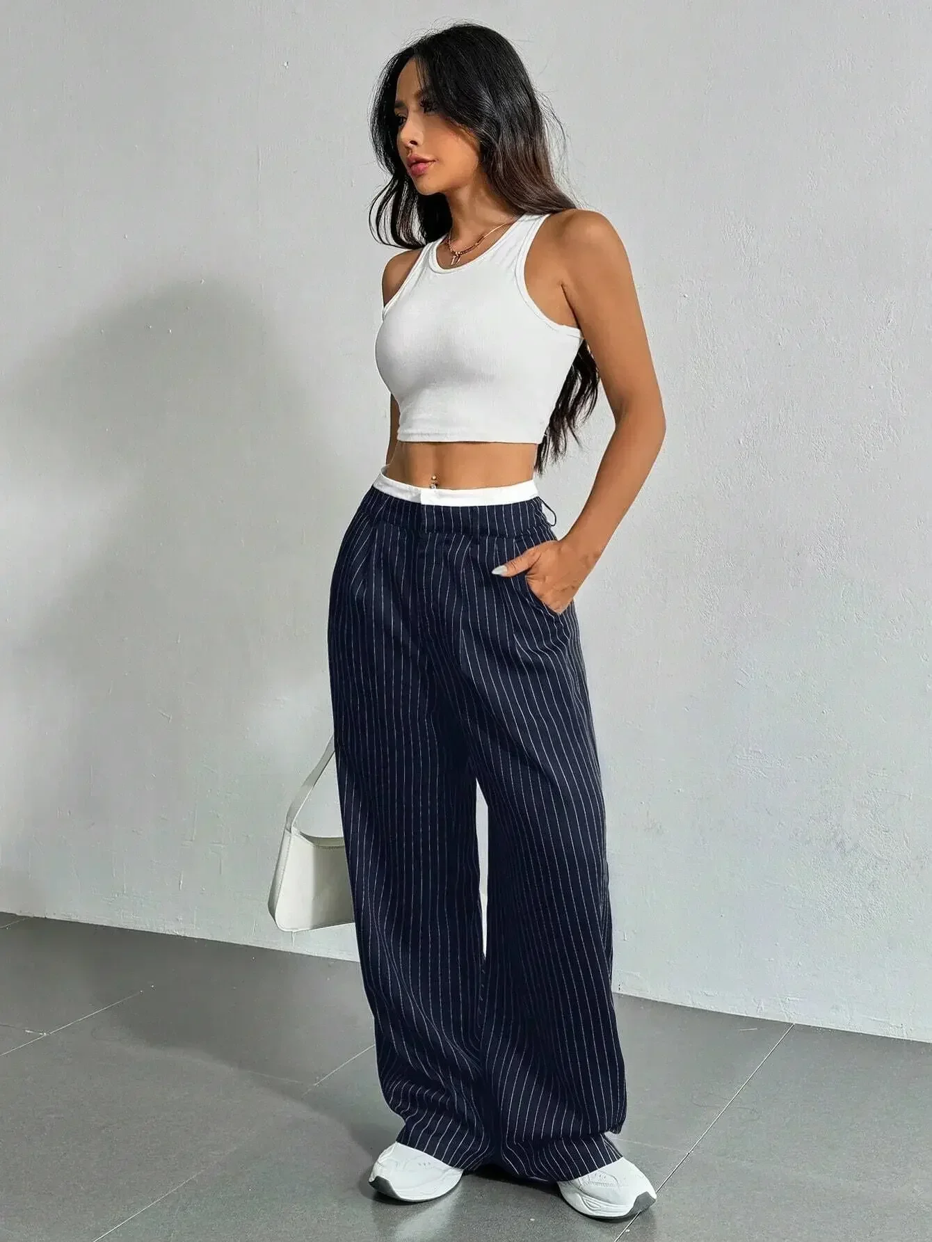 pantalon pleine longueur imprimé à rayures pour femmes, taille haute, mode décontractée y2k, ample, jambes larges pantalon pleine longueur imprimé à rayures pour femmes, taille haute, mode décontractée y2k, ample, jambes larges