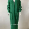 cardigan long pour femme, veste tricotée, vert, crochet, ample, manches longues, pull chaud, décontracté, automne hiver