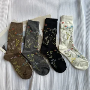 Chaussettes fendues en coton peigné pour femmes, élégantes, rétro, mignonnes, motifs floraux, plantes, doux, deux doigts, japonais, Harajuku, Tabi Sox