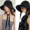Chapeaux seau en lin d&rsquo;inspiration japonaise, chapeau d&rsquo;été avec fermeture à cravate, chapeau de soleil à large bord pour femmes, Protection UV, pare-soleil respirant, chapeau de plage