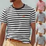 T-shirt Rayé à Manches Courtes et Col Rond pour Homme, Vêtement Décontracté, Confortable, Respirant, Brodé, à la Mode, Été, 2024
