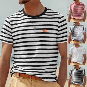 T-shirt Rayé à Manches Courtes et Col Rond pour Homme, Vêtement Décontracté, Confortable, Respirant, Brodé, à la Mode, Été, 2024 T-shirt Rayé à Manches Courtes et Col Rond pour Homme, Vêtement Décontracté, Confortable, Respirant, Brodé, à la Mode, Été, 2024