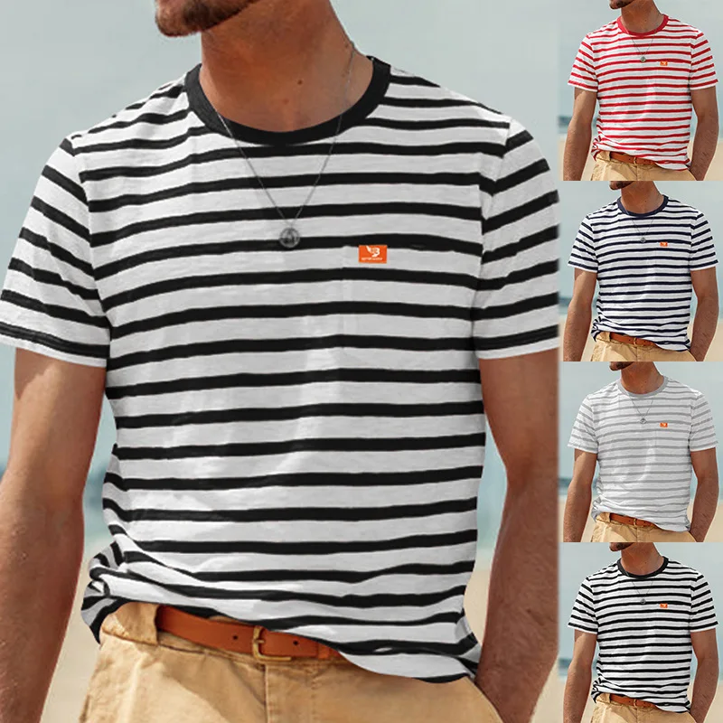 T-shirt Rayé à Manches Courtes et Col Rond pour Homme, Vêtement Décontracté, Confortable, Respirant, Brodé, à la Mode, Été, 2024 T-shirt Rayé à Manches Courtes et Col Rond pour Homme, Vêtement Décontracté, Confortable, Respirant, Brodé, à la Mode, Été, 2024