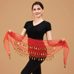 Écharpe de hanche pour danse du ventre, pièces de monnaie de couleur or, matériau en mousseline de soie réglable, chaîne de taille, facile à porter, trois couches Écharpe de hanche pour danse du ventre, pièces de monnaie de couleur or, matériau en mousseline de soie réglable, chaîne de taille, facile à porter, trois couches