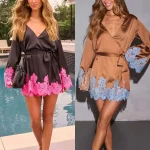 Mini robe de soirée en Satin pour femmes, Sexy, manches longues, col en V, épissure en dentelle, ligne a, ample, robe de soirée de célébrité, robe de Cocktail