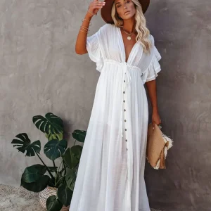 Robe de plage longue à lacets pour femmes, Cover-Up pour Bikini, couleur unie, col en v, Kimono, Anti-soleil, jupe Sarong bohème, été, 2024