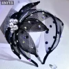 hnyyx cerceau de cheveux en biscuits avec fleur noire, accessoire de cheveux vintage, bande de sauna en perles, vêtements de sauna de fête de luxe, bijoux de cheveux de scène, a130