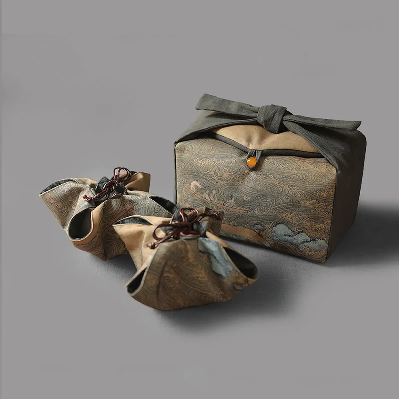 Sacs de tasse de thé avec cordon de serrage sac en tissu pliable imprimé de style chinois, sac de voyage scénique théière service à thé organisateur de stockage Sacs de tasse de thé avec cordon de serrage sac en tissu pliable imprimé de style chinois, sac de voyage scénique théière service à thé organisateur de stockage