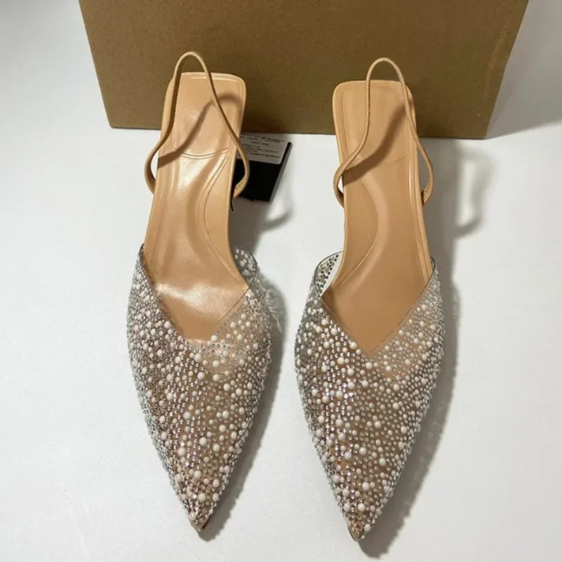 sandales à talons hauts transparents et pointus pour femme, chaussures Élégantes à la mode avec décoration de perles, Été 2025 sandales à talons hauts transparents et pointus pour femme, chaussures Élégantes à la mode avec décoration de perles, Été 2025