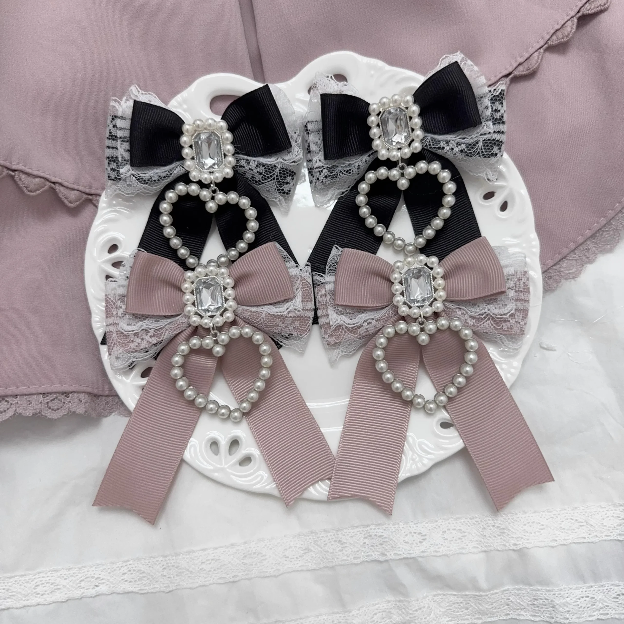 pinces à cheveux gothiques japonaises harajuku, 1 paire, lolita, sous culture y2k, nœud en dentelle de perles, épingle à cheveux, double bord queue de cheval pinces à cheveux gothiques japonaises harajuku, 1 paire, lolita, sous culture y2k, nœud en dentelle de perles, épingle à cheveux, double bord queue de cheval