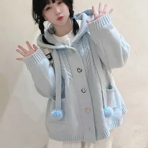 KOSAHIKI japonais Kawaii bouton tricoté Cardigan femmes bleu Kardigan Damski Harajuku mignon fille pull à capuche vestes Y2k manteau