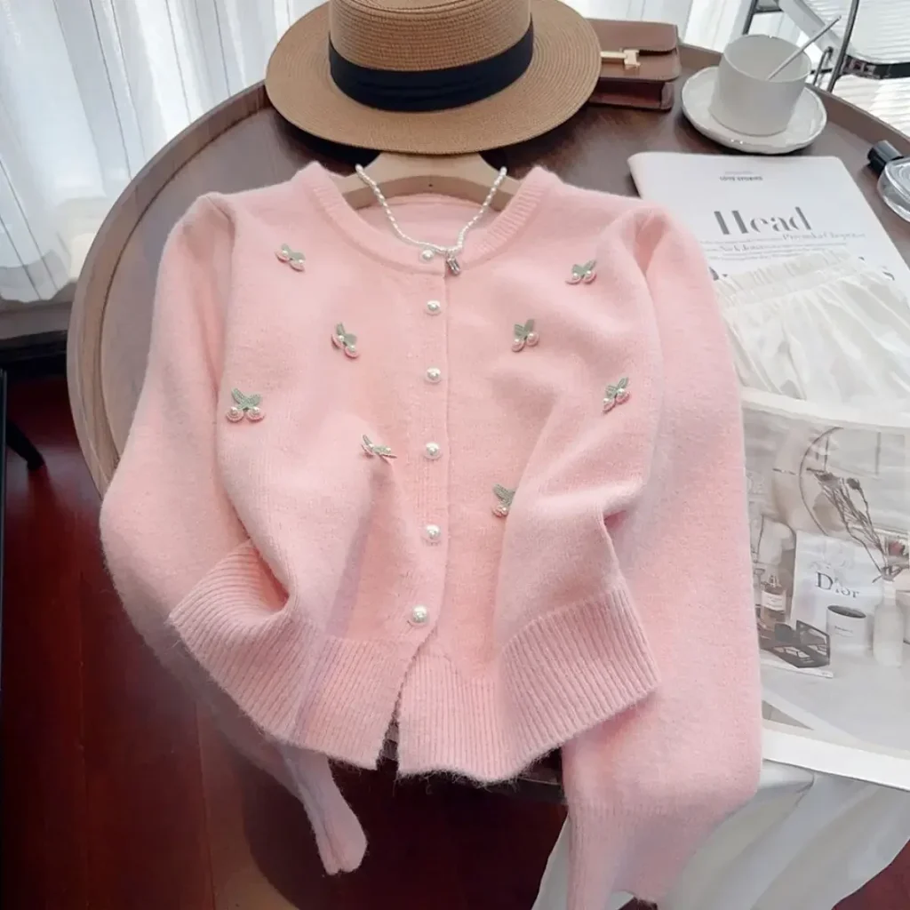 Harajuku cerise broderie Cardigan pull tricot veste mode coréenne décontracté à manches longues fille esthétique pull femmes Kawaii