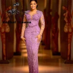 Robe de soirée à manches longues pour femmes, Aso Ebi, perles violettes, appliques, robe d&rsquo;anniversaire, occasion spéciale, personnalisée, 2024