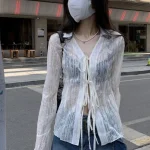 Chemisier japonais pour femmes, chemise Sexy à bandes Grunge, esthétique Y2k, Harajuku, col rabattu, manches évasées, 2025