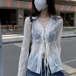 Chemisier japonais pour femmes, chemise Sexy à bandes Grunge, esthétique Y2k, Harajuku, col rabattu, manches évasées, 2025