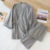pyjama japonais en gaze à lacets pour hommes, kimono d'été et d'automne, confortable, manches à cinq points, vêtements de nuit trempés