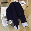 petite veste de costume bleu marine pour femmes, haut design d'épissure à la mode française, nouvelle collection automne
