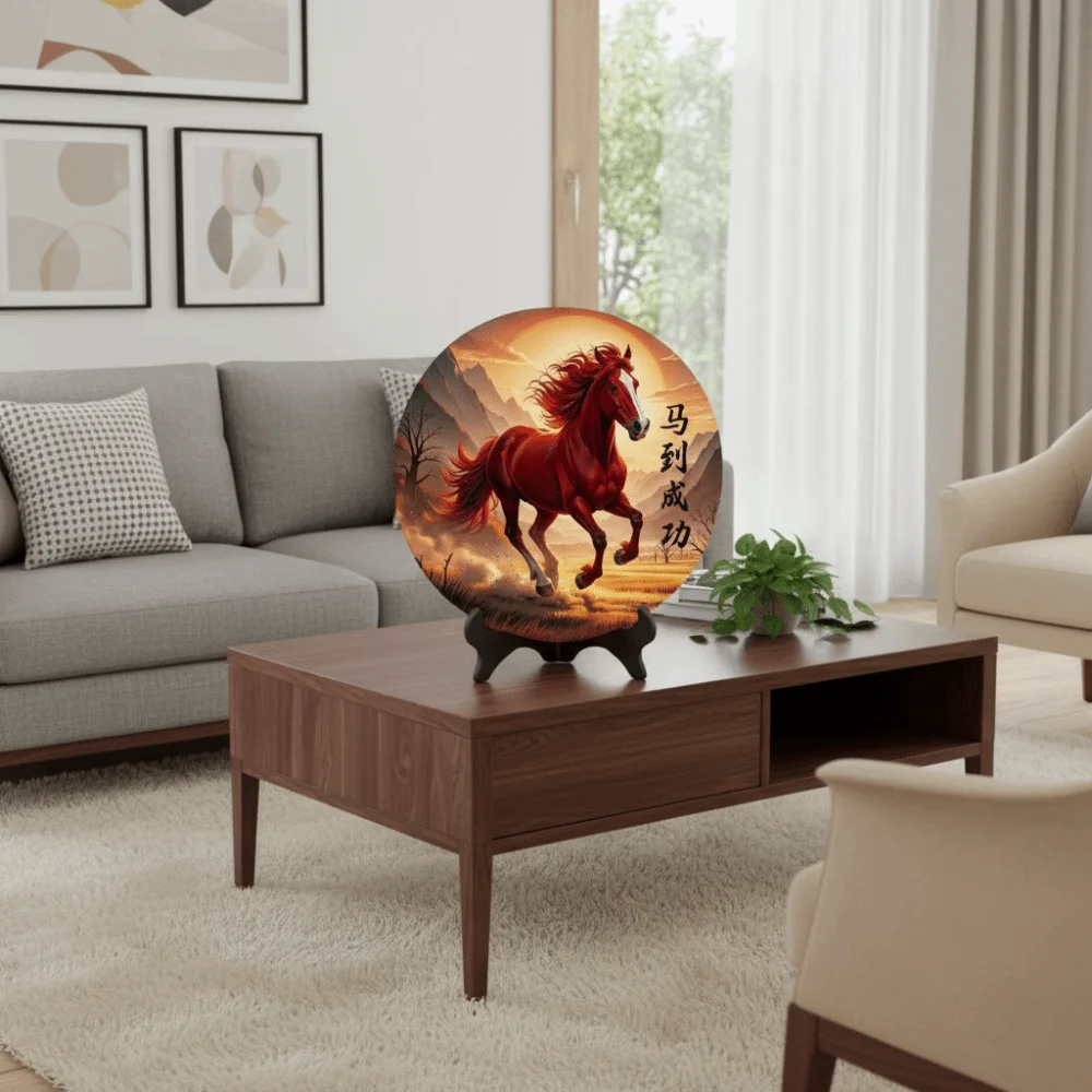 peintures décoratives de l'année du cheval, ornement rond en bois, cadre photo, décorations porte bonheur, ornement de bureau amusant pour le bureau peintures décoratives de l'année du cheval, ornement rond en bois, cadre photo, décorations porte bonheur, ornement de bureau amusant pour le bureau