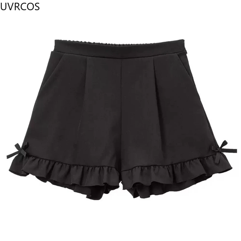 short gothique japonais y2k lolita pour femmes, pantalon court taille haute avec nœud à volants, mignon pour filles, harajuku, décontracté, ample, noir short gothique japonais y2k lolita pour femmes, pantalon court taille haute avec nœud à volants, mignon pour filles, harajuku, décontracté, ample, noir