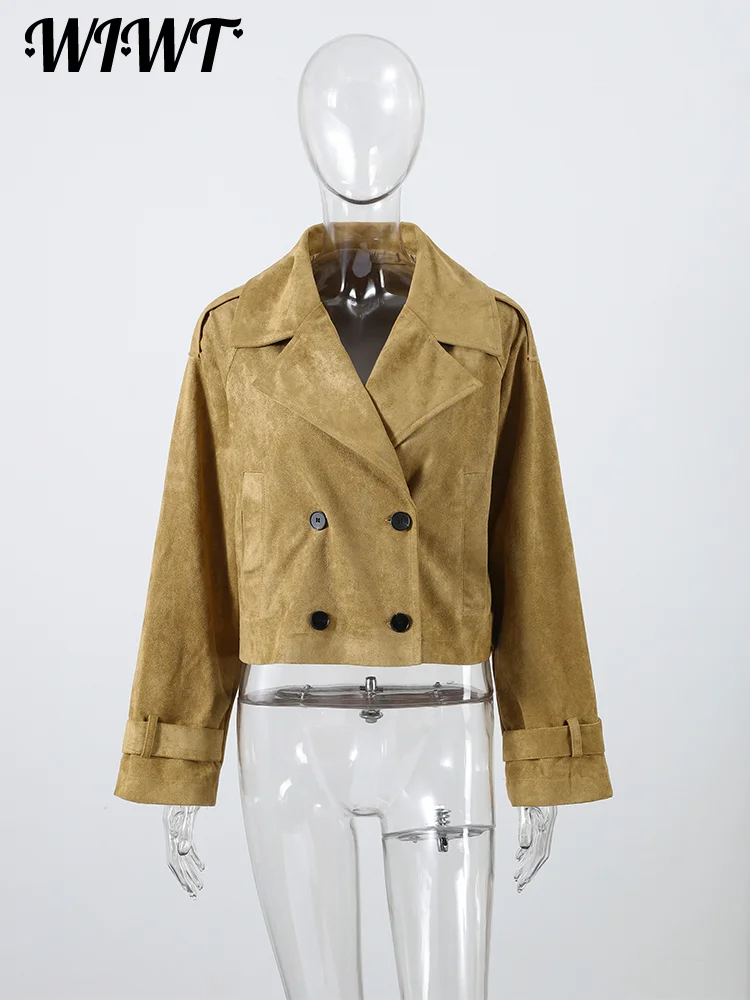veste courte kaki à double boutonnage pour femme, manteaux de rue à col rabattu et poches à boutons, streetwear décontracté, nouvelle collection automne 2025 veste courte kaki à double boutonnage pour femme, manteaux de rue à col rabattu et poches à boutons, streetwear décontracté, nouvelle collection automne 2025