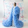 Incroyable bleu ciel volumineux Tulle longues vestes volants garni Tulle manches longues femmes gilet vêtements d&rsquo;extérieur tenue Maxi robe personnalisée