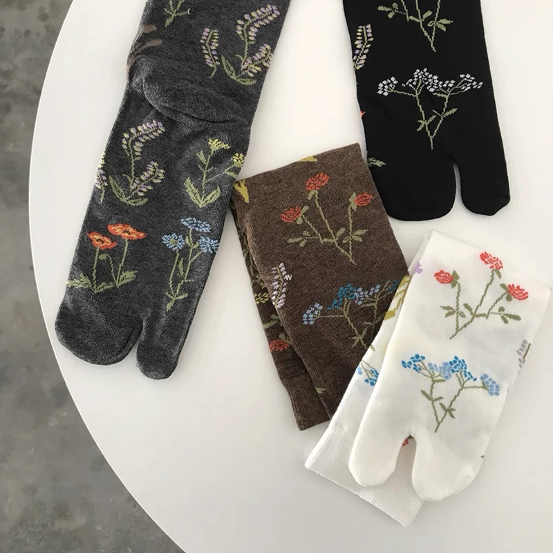 chaussettes en coton à bout fendu pour femme, élégantes, rétro, motifs floraux végétaux, doux, tube central à deux orteils, tabi sox, printemps automne chaussettes en coton à bout fendu pour femme, élégantes, rétro, motifs floraux végétaux, doux, tube central à deux orteils, tabi sox, printemps automne