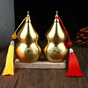 Ornement Feng Shui en forme de gourde en laiton avec pompon, décoratif à collectionner pour la prospérité et la longévité, décoration de bureau et de maison