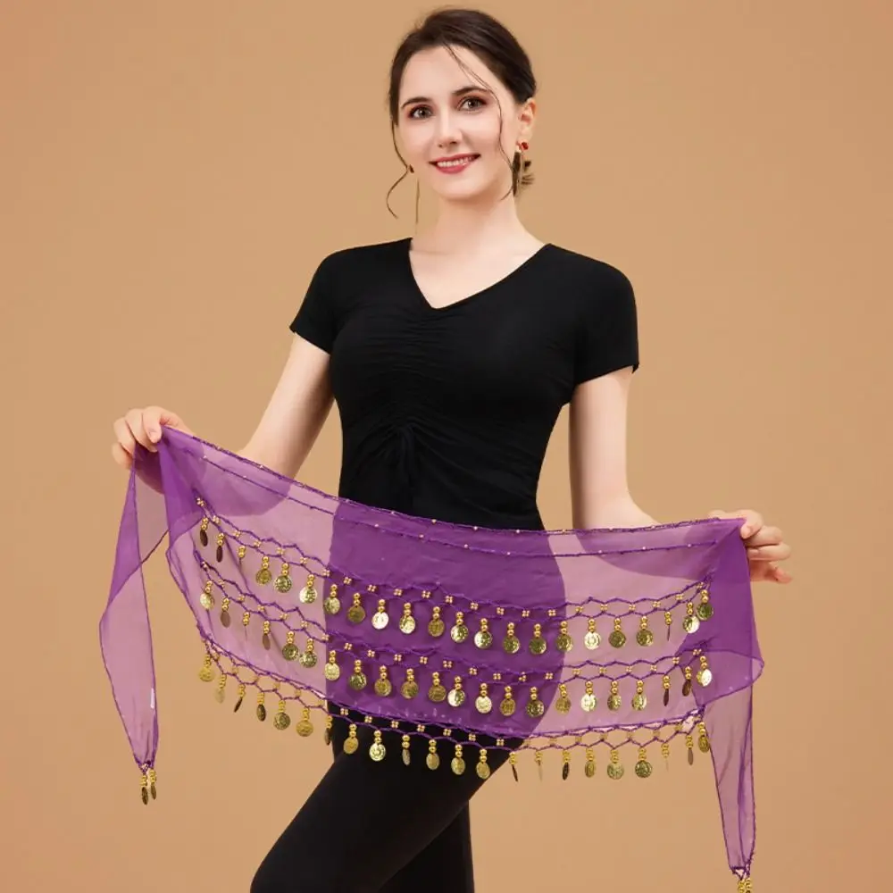 Écharpe de hanche pour danse du ventre, pièces de monnaie de couleur or, matériau en mousseline de soie réglable, chaîne de taille, facile à porter, trois couches Écharpe de hanche pour danse du ventre, pièces de monnaie de couleur or, matériau en mousseline de soie réglable, chaîne de taille, facile à porter, trois couches
