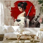 Fond de samouraï japonais, kimono blanc avec tapisserie d’épée, revêtement mural décoratif pour femme, accent floral rouge, salon Fond de samouraï japonais, kimono blanc avec tapisserie d’épée, revêtement mural décoratif pour femme, accent floral rouge, salon