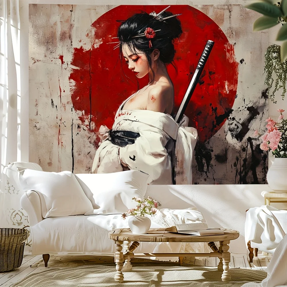 Fond de samouraï japonais, kimono blanc avec tapisserie d’épée, revêtement mural décoratif pour femme, accent floral rouge, salon Fond de samouraï japonais, kimono blanc avec tapisserie d’épée, revêtement mural décoratif pour femme, accent floral rouge, salon