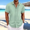 chemise ample décontractée à manches courtes pour hommes, en coton et lin rayé, jacquard, nouvelle collection
