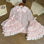 Rose japon Lolita manches évasées doux nœud chemises Y2k esthétique Slash cou dentelle Patchwork Blouse femmes ample Grunge à volants Blusas