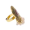 bague ronde en métal pour femme, grand paon indien rétro, perles de fleurs sculptées boho, bague pompon, bijoux de fête à la mode