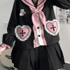 ensemble deux pièces japonais kawaii pour femmes, chemisier en dentelle brodée de chat esthétique, grunge + mini jupes plissées dégradées, tenue trempée, y2k